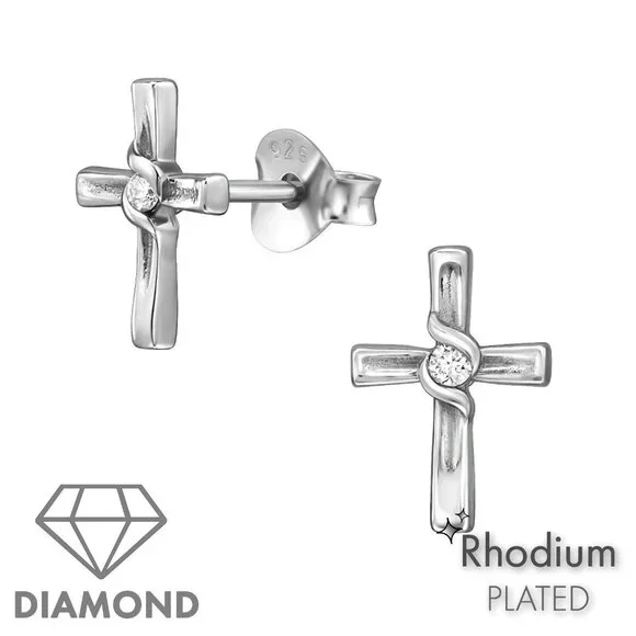Sterling Silver Cross Diamond Stud Earrings 925 Rhodium Plated Minimalist Jewelr - Picture 2 of 4